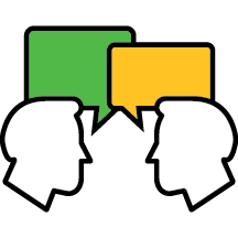 Two people talking with green and yellow speech bubbles