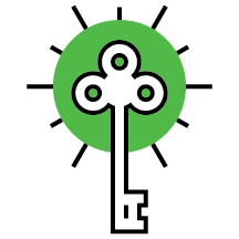 A key over a green starburst